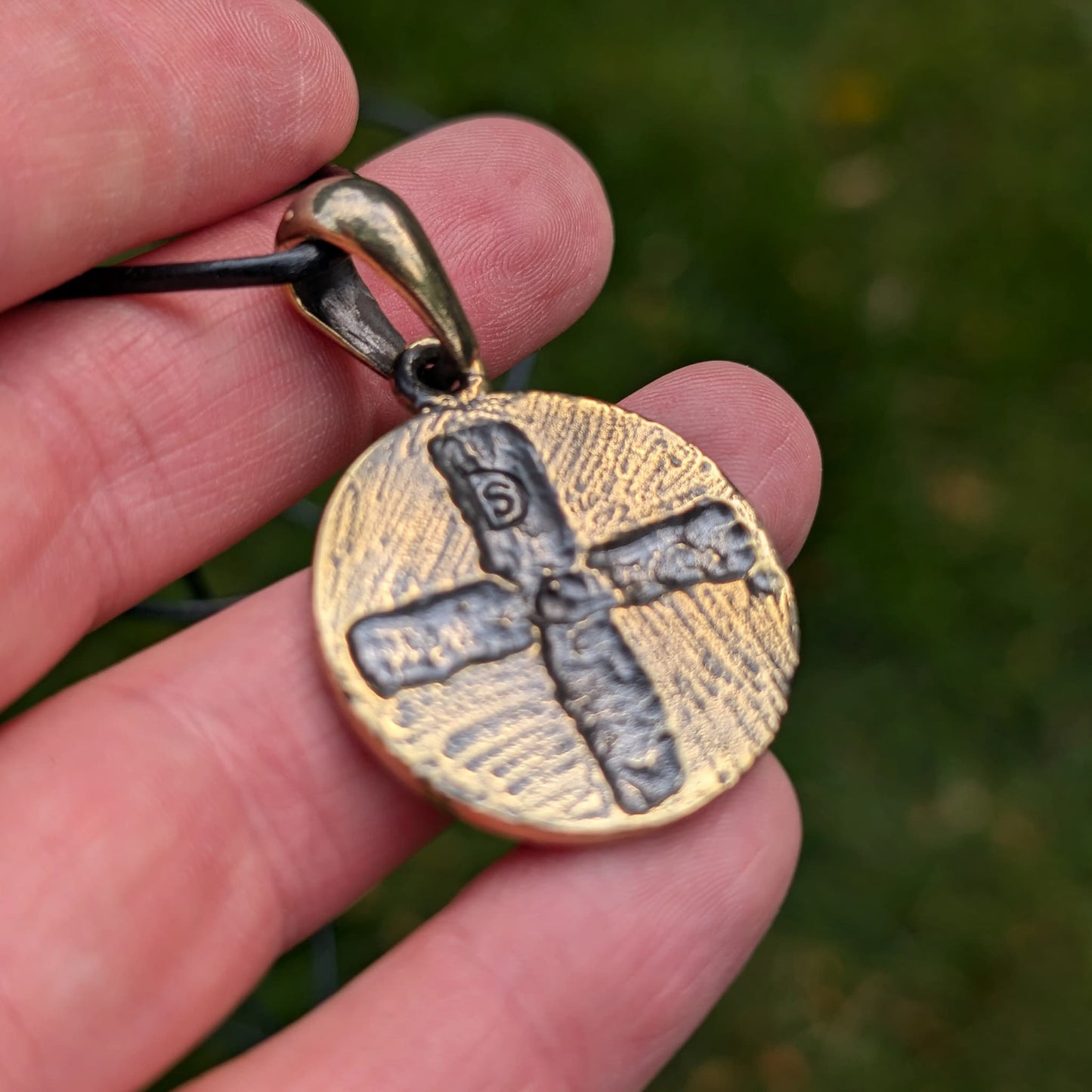 Viking Shield Pendant with Runes – Red Enamel Brass Amulet