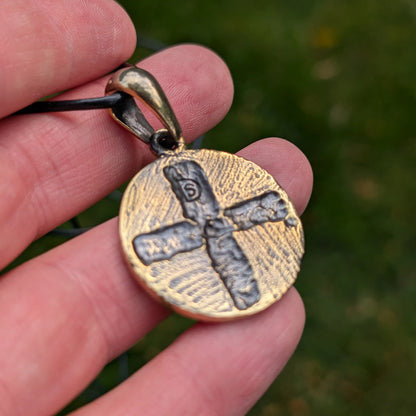 Viking Shield Pendant with Runes – Red Enamel Brass Amulet