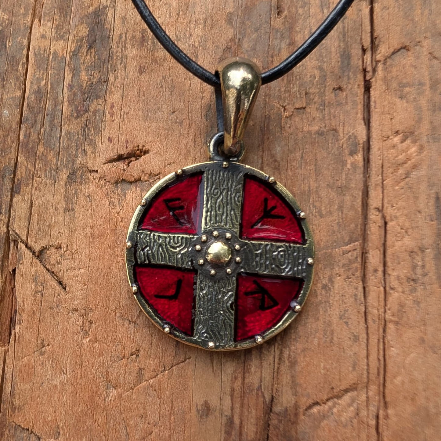 Viking Shield Pendant with Runes – Red Enamel Brass Amulet