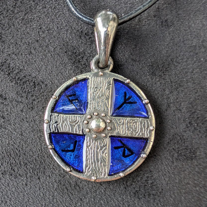 Viking Shield Pendant with Runes – Blue Enamel Pewter Amulet
