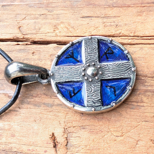Viking Shield Pendant with Runes – Blue Enamel Pewter Amulet