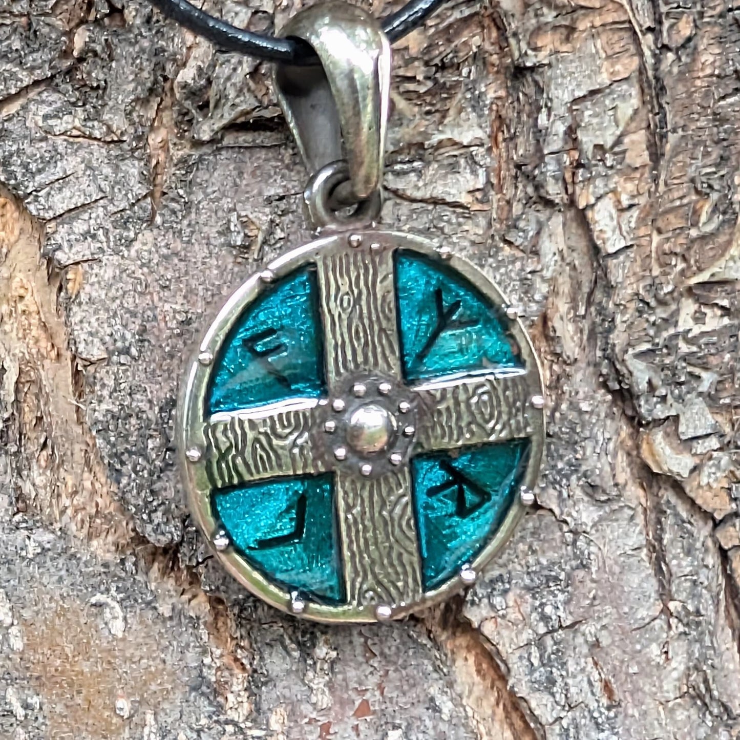 Viking Shield Pendant with Runes – Turquoise Enamel Pewter Amulet