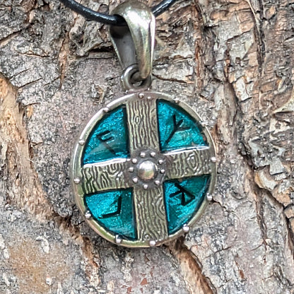 Viking Shield Pendant with Runes – Turquoise Enamel Pewter Amulet