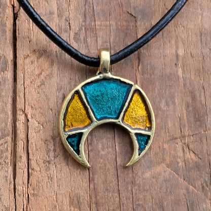Viking / Slavic Lunula Pendant with Yellow & Green Enamel – Brass