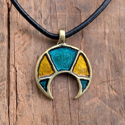 Viking / Slavic Lunula Pendant with Yellow & Green Enamel – Brass