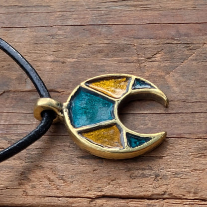 Viking / Slavic Lunula Pendant with Yellow & Green Enamel – Brass