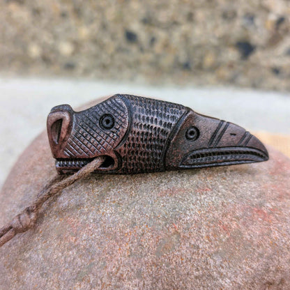 Norse Dragon and Raven Pendant, Hand-Carved Moose Antler Amulet