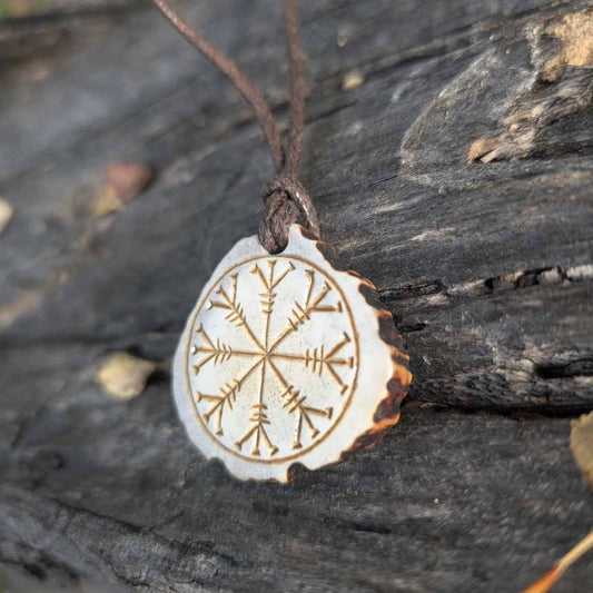 Helm of Awe Moose Antler Pendant with Algiz Rune, Hand-Carved Viking Amulet