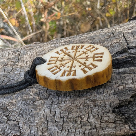 Vegvisir Compass Pendant – Hand-Carved Moose Antler Pagan Necklace