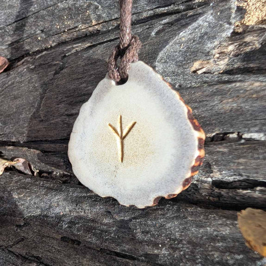 Helm of Awe Moose Antler Pendant with Algiz Rune, Hand-Carved Viking Amulet