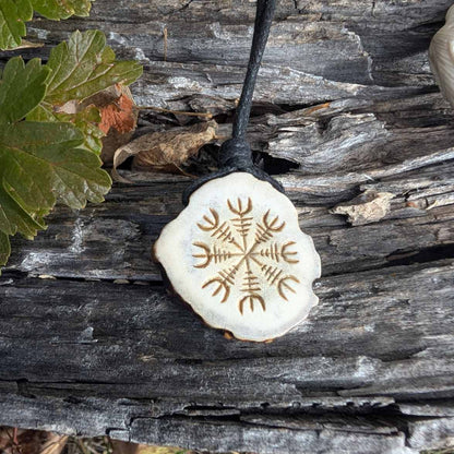 Double-Sided Viking Antler Pendant with Helm of Awe and Courage Bindrune