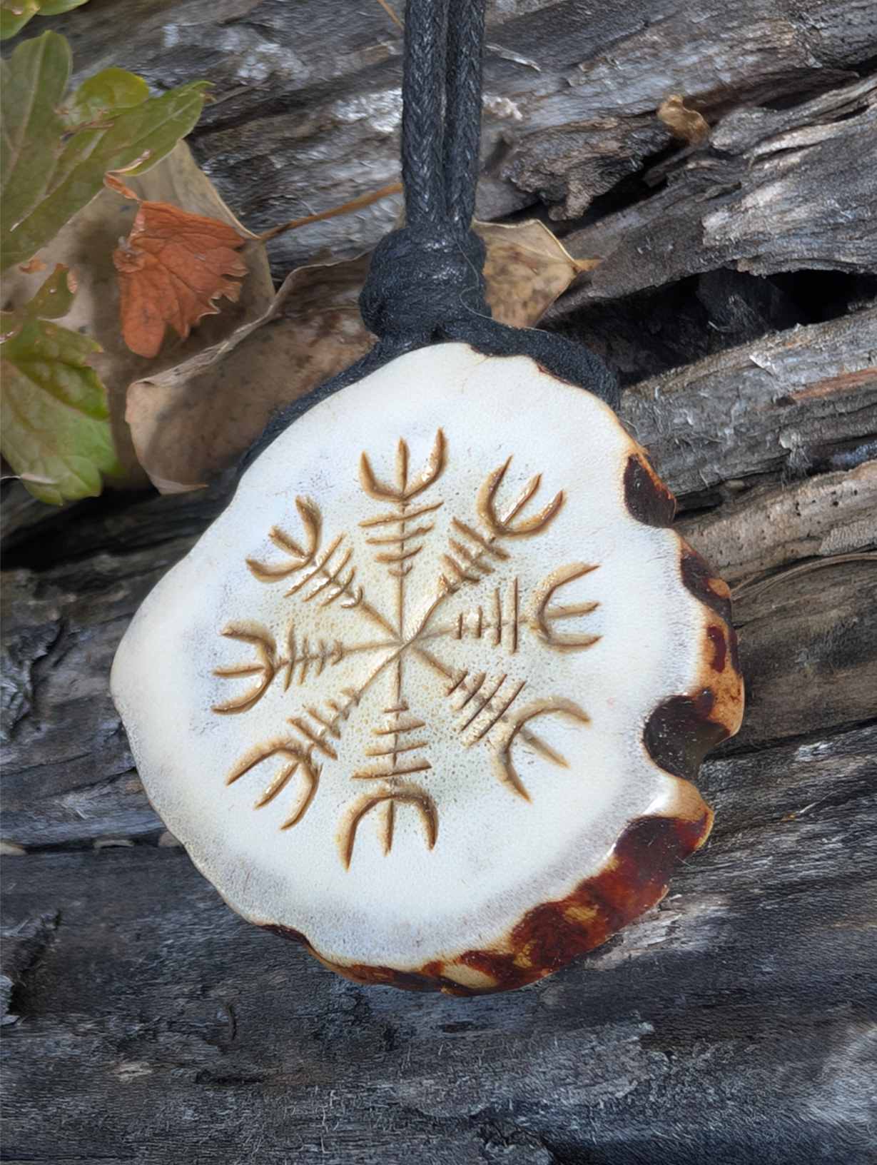 Double-Sided Viking Antler Pendant with Helm of Awe and Courage Bindrune