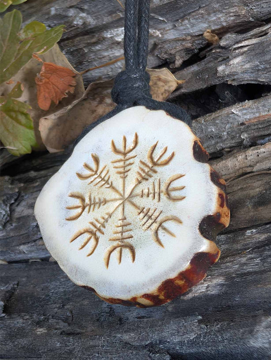 Double-Sided Viking Antler Pendant with Helm of Awe and Courage Bindrune
