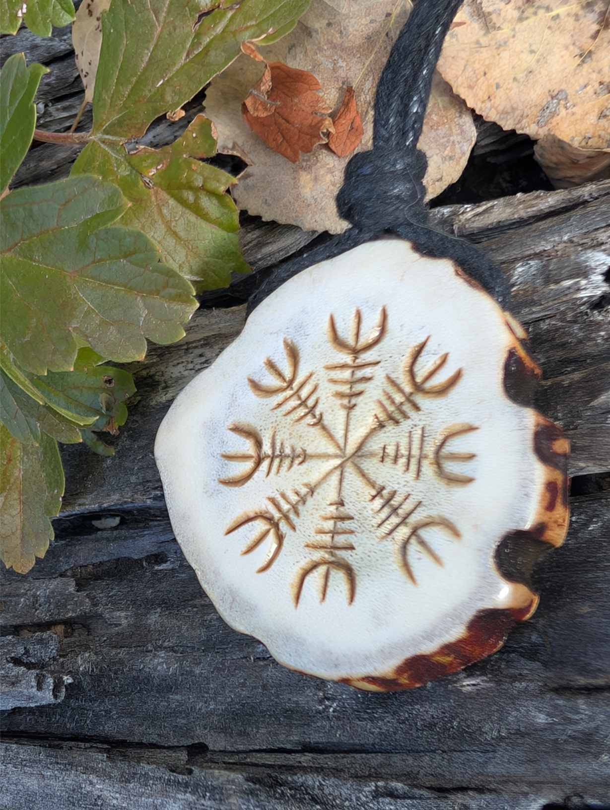 Double-Sided Viking Antler Pendant with Helm of Awe and Courage Bindrune