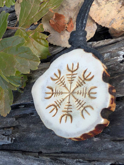Double-Sided Viking Antler Pendant with Helm of Awe and Courage Bindrune