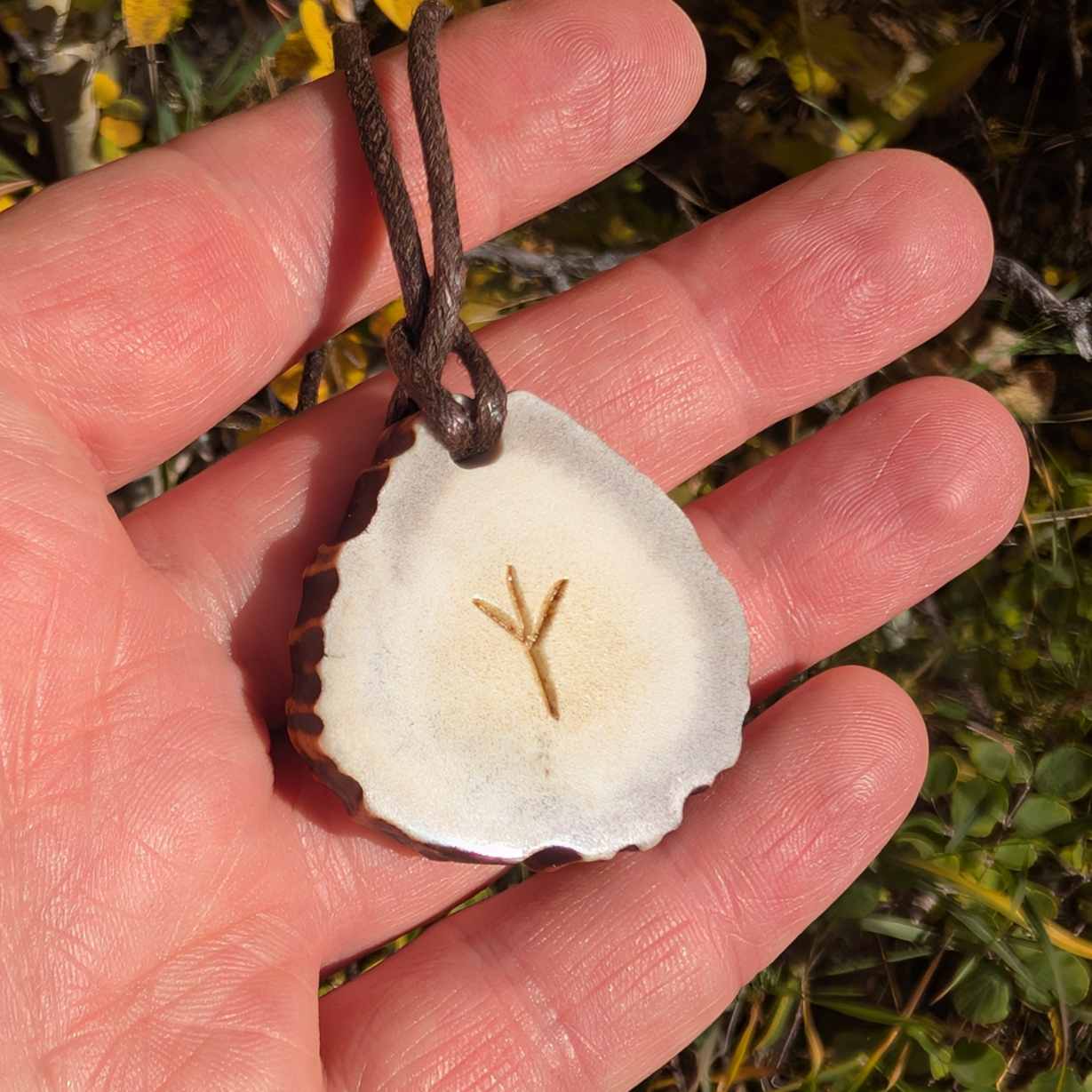 Helm of Awe Moose Antler Pendant with Algiz Rune, Hand-Carved Viking Amulet
