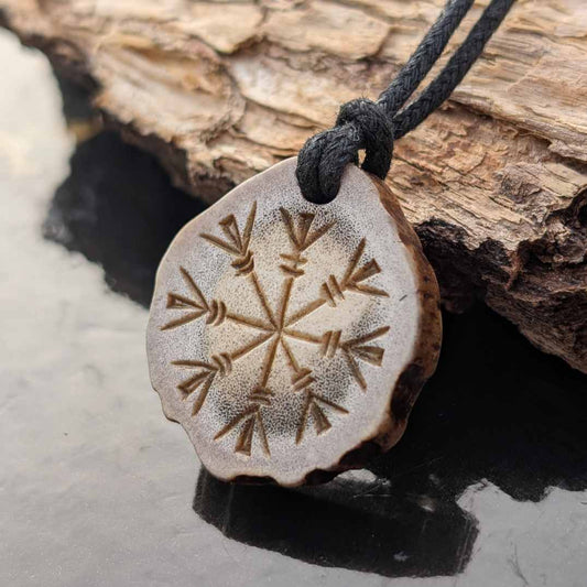 Helm of Awe & Bindrune Moose Antler Pendant, Hand-Carved Viking Amulet
