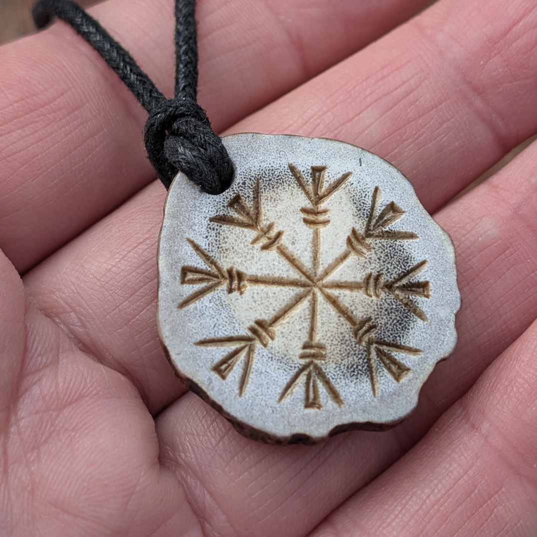Helm of Awe & Bindrune Moose Antler Pendant, Hand-Carved Viking Amulet