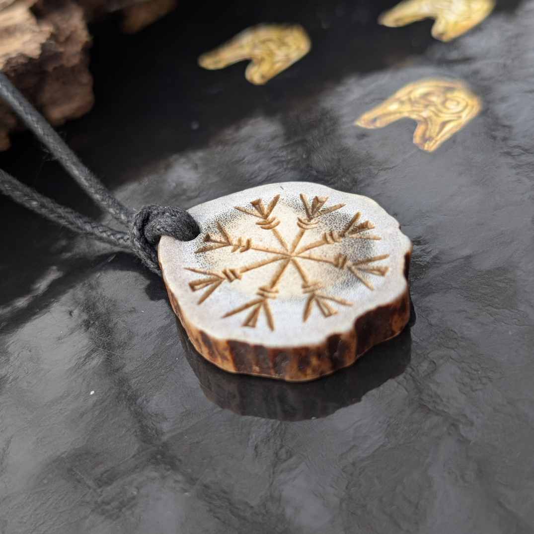 Helm of Awe & Bindrune Moose Antler Pendant, Hand-Carved Viking Amulet