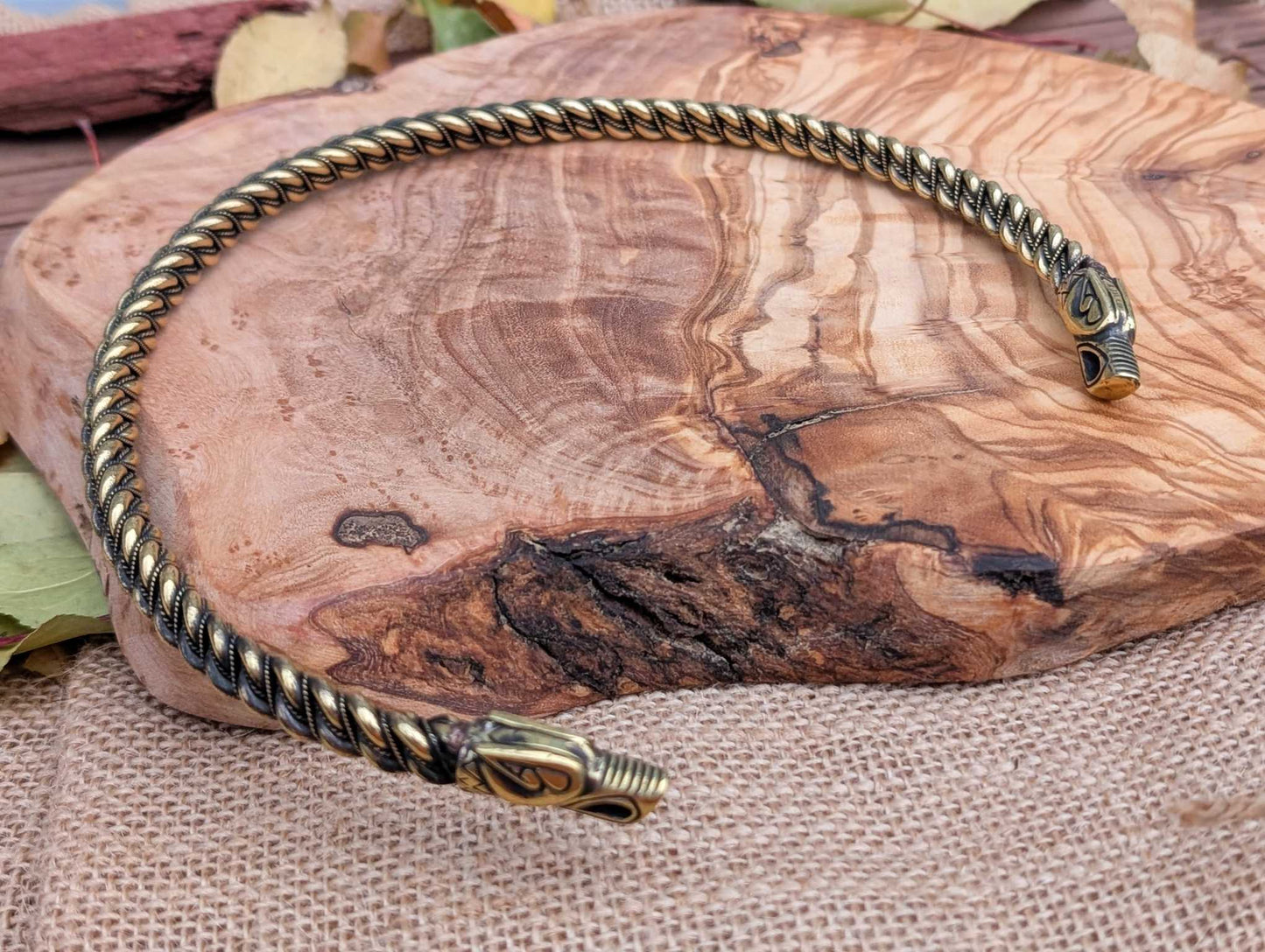 Gotland-Style Viking Torque with Wolf Head Terminals, Twisted Brass Neck Ring