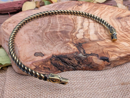 Gotland-Style Viking Torque with Wolf Head Terminals, Twisted Brass Neck Ring