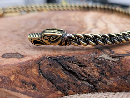 Gotland-Style Viking Torque with Wolf Head Terminals, Twisted Brass Neck Ring