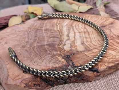 Gotland-Style Viking Torque with Wolf Head Terminals, Twisted Brass Neck Ring