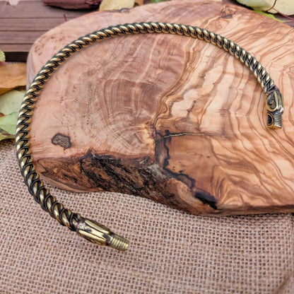 Gotland-Style Viking Torque with Wolf Head Terminals, Twisted Brass Neck Ring