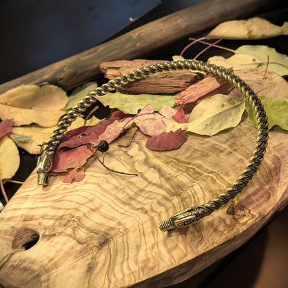 Gotland-Style Viking Torque with Dragon Head Terminals, Twisted Brass Neck Ring