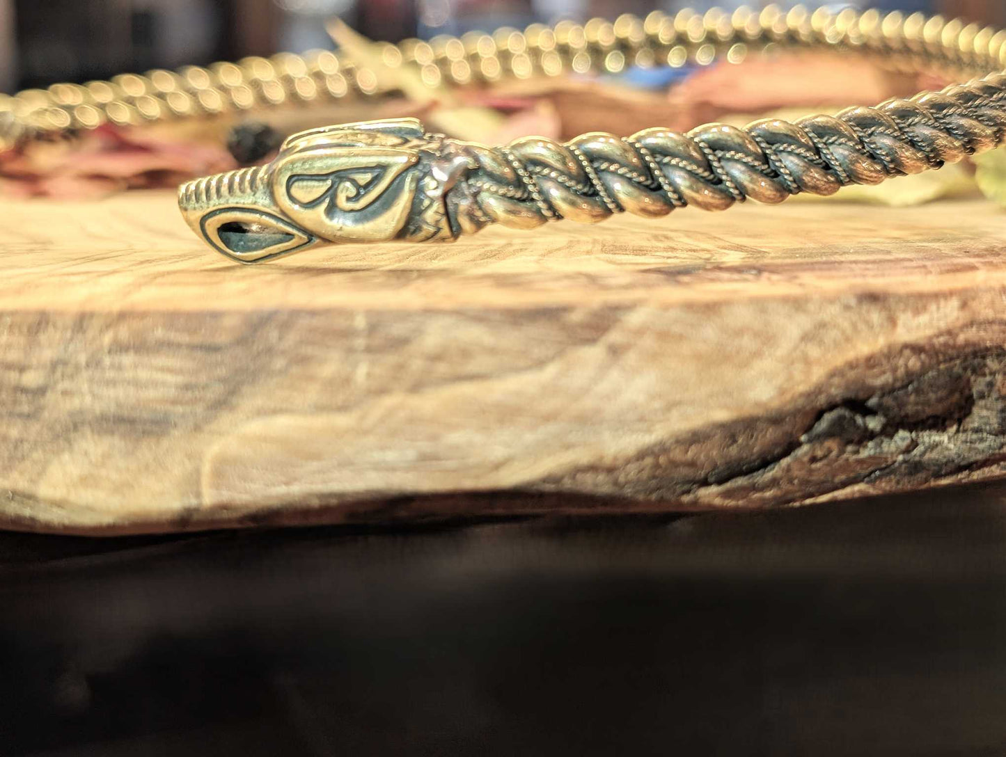 Gotland-Style Viking Torque with Wolf Head Terminals, Twisted Brass Neck Ring