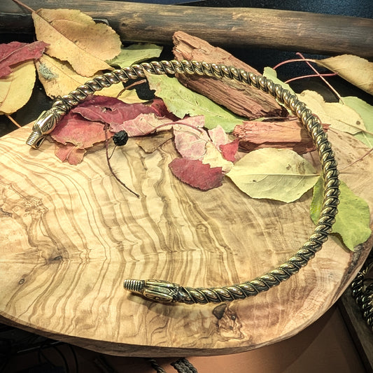 Gotland-Style Viking Torque with Dragon Head Terminals, Twisted Brass Neck Ring