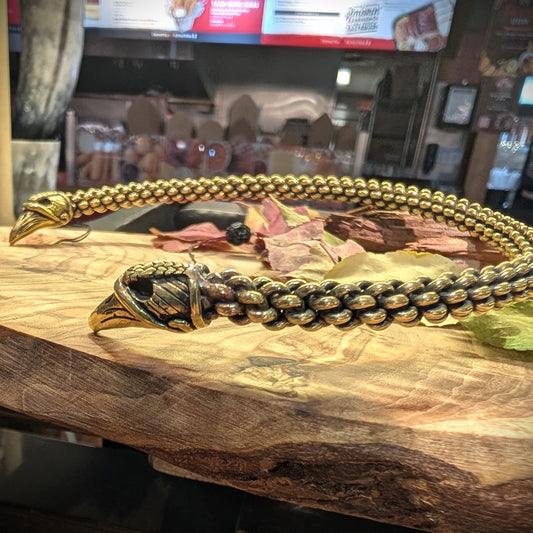 Six-Rod Viking Torque with Raven Head Terminals, Hand-Woven Brass Neck Ring