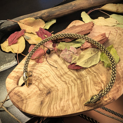 Six-Rod Viking Torque with Raven Head Terminals, Hand-Woven Brass Neck Ring