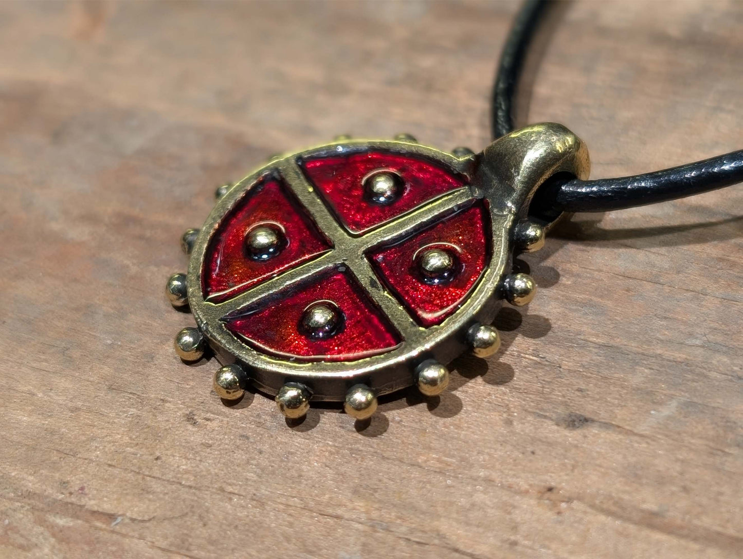 Solar Amulet / Sun Cross Pendant with Red Enamel – Hand-Cast Brass | Algiz-Rune Art