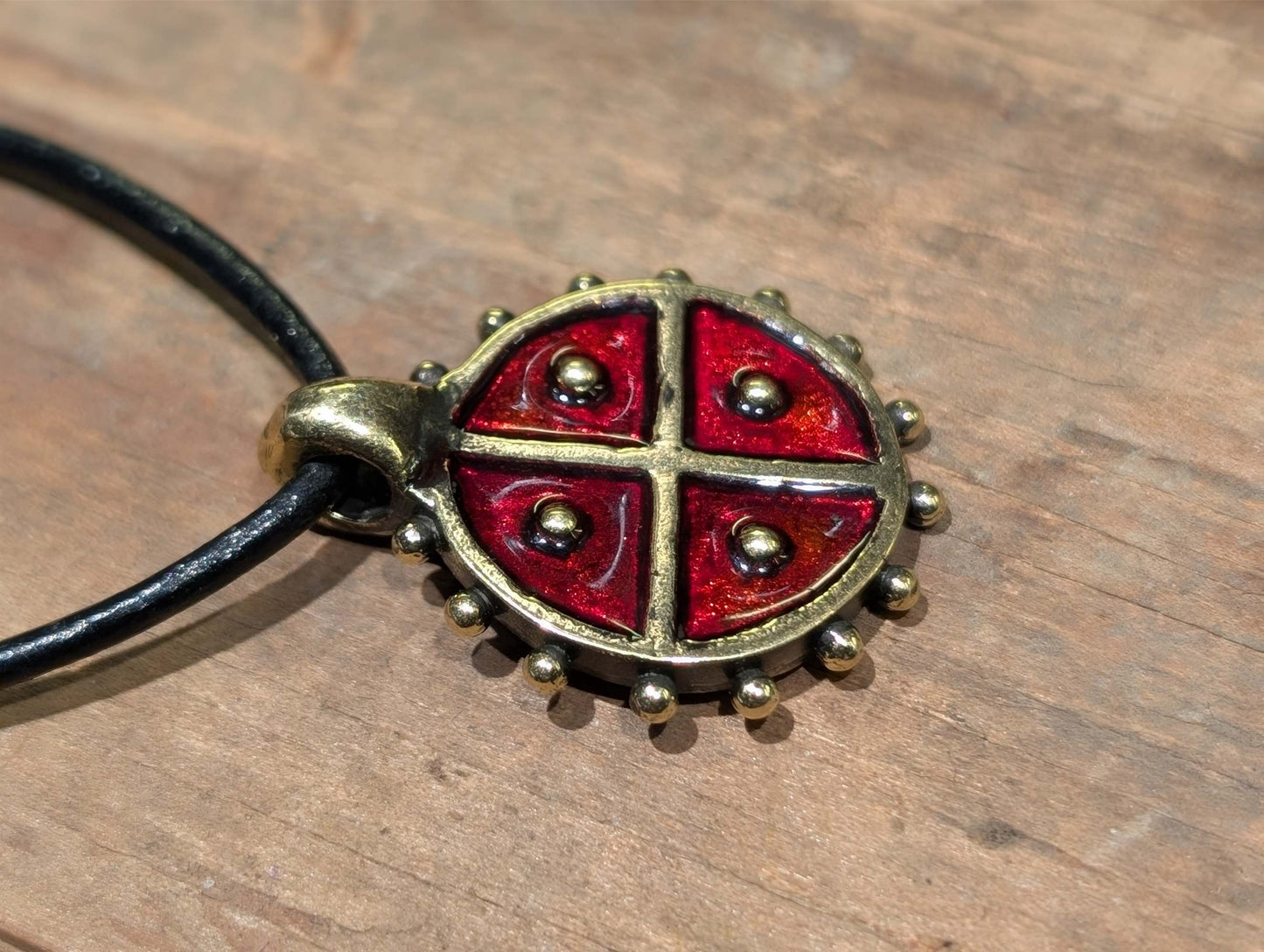 Solar Amulet / Sun Cross Pendant with Red Enamel – Hand-Cast Brass | Algiz-Rune Art