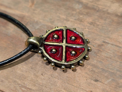Solar Amulet / Sun Cross Pendant with Red Enamel – Hand-Cast Brass | Algiz-Rune Art