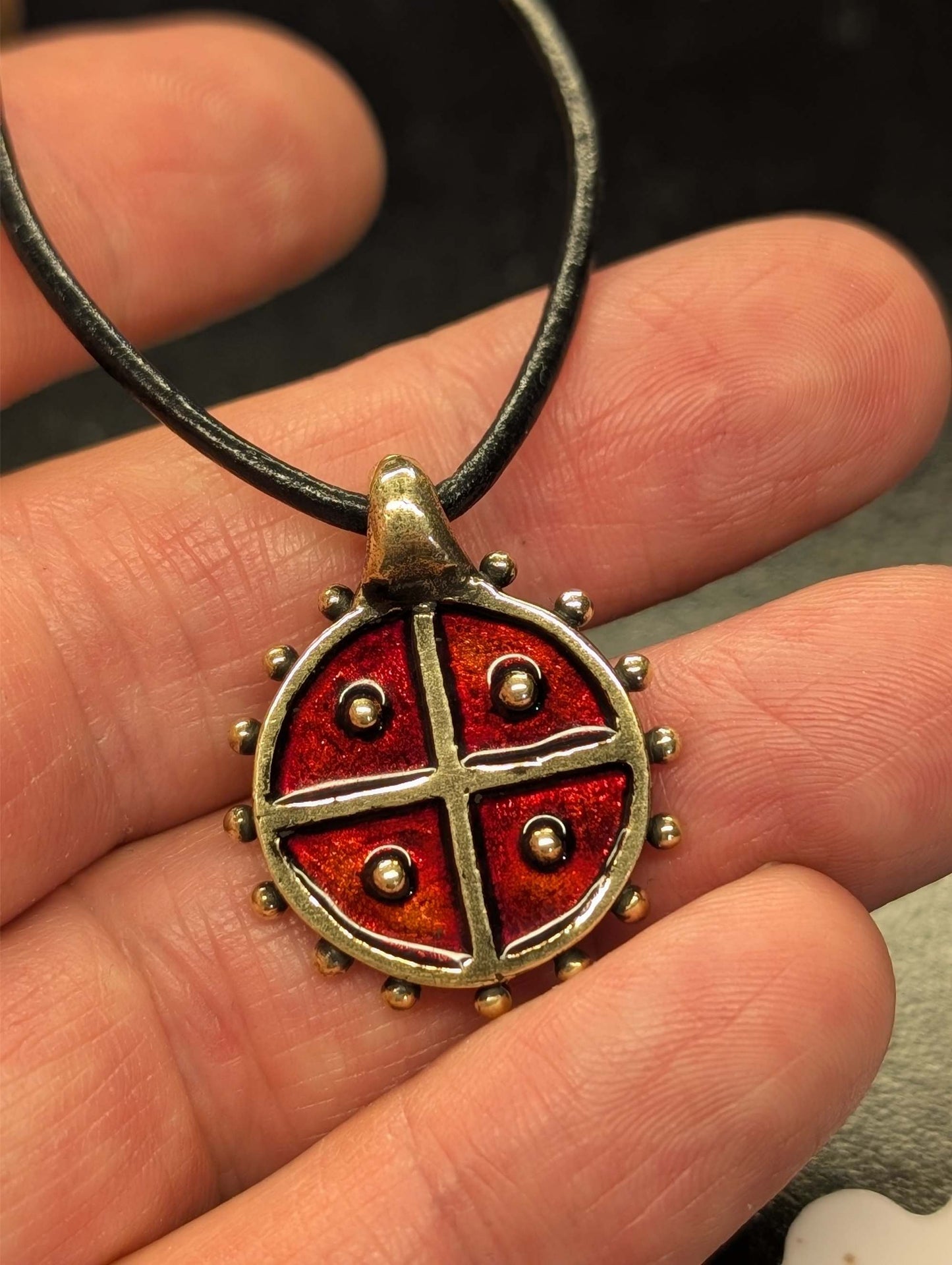 Solar Amulet / Sun Cross Pendant with Red Enamel – Hand-Cast Brass | Algiz-Rune Art