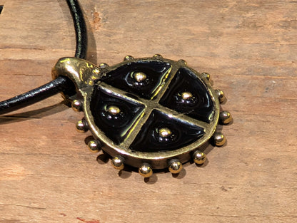 Hand-Cast Solar Amulet / Sun Cross Pendant – Brass with Black Enamel | Algiz-Rune Art