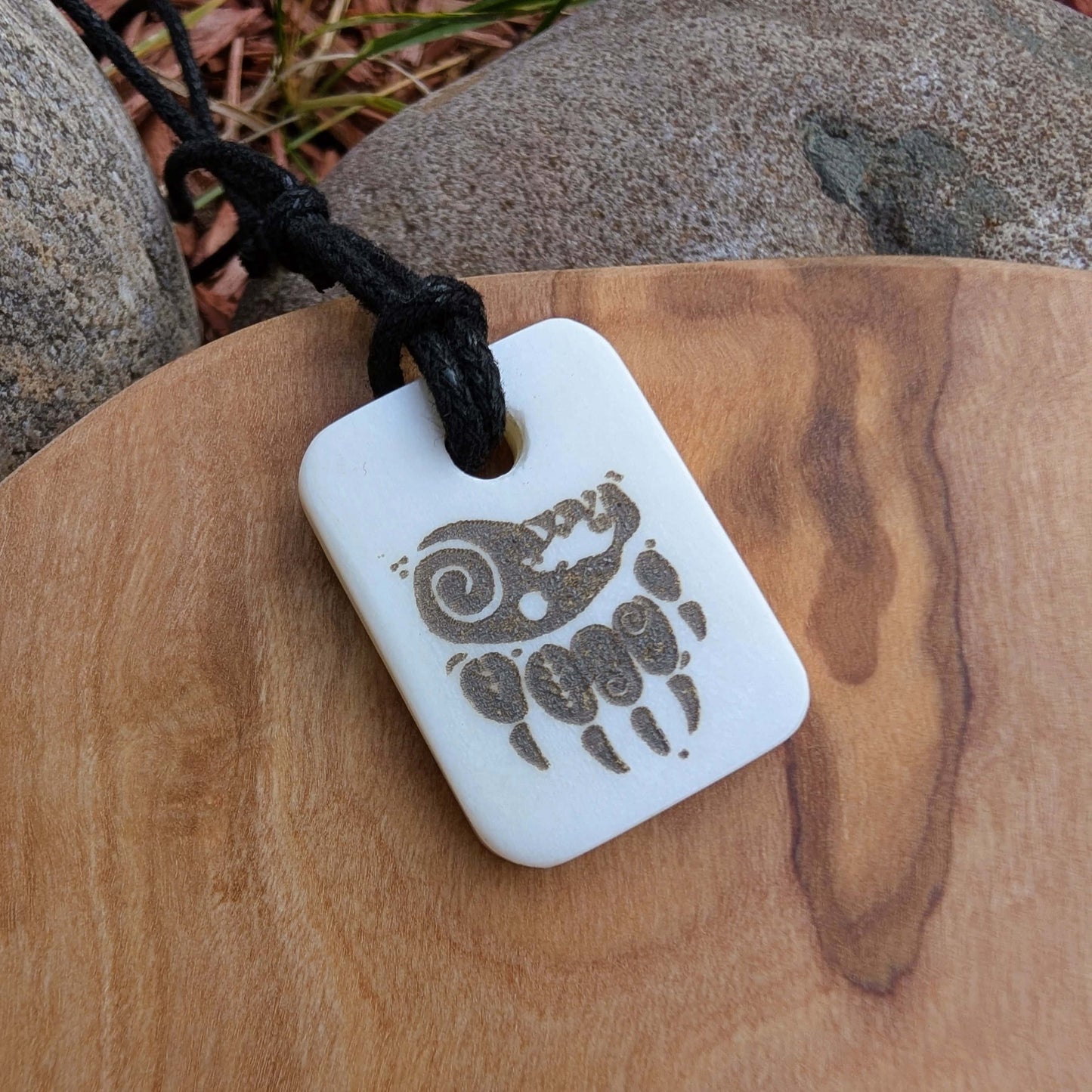 Handmade Bear Paw Pendant – Bone Necklace with Etched Design
