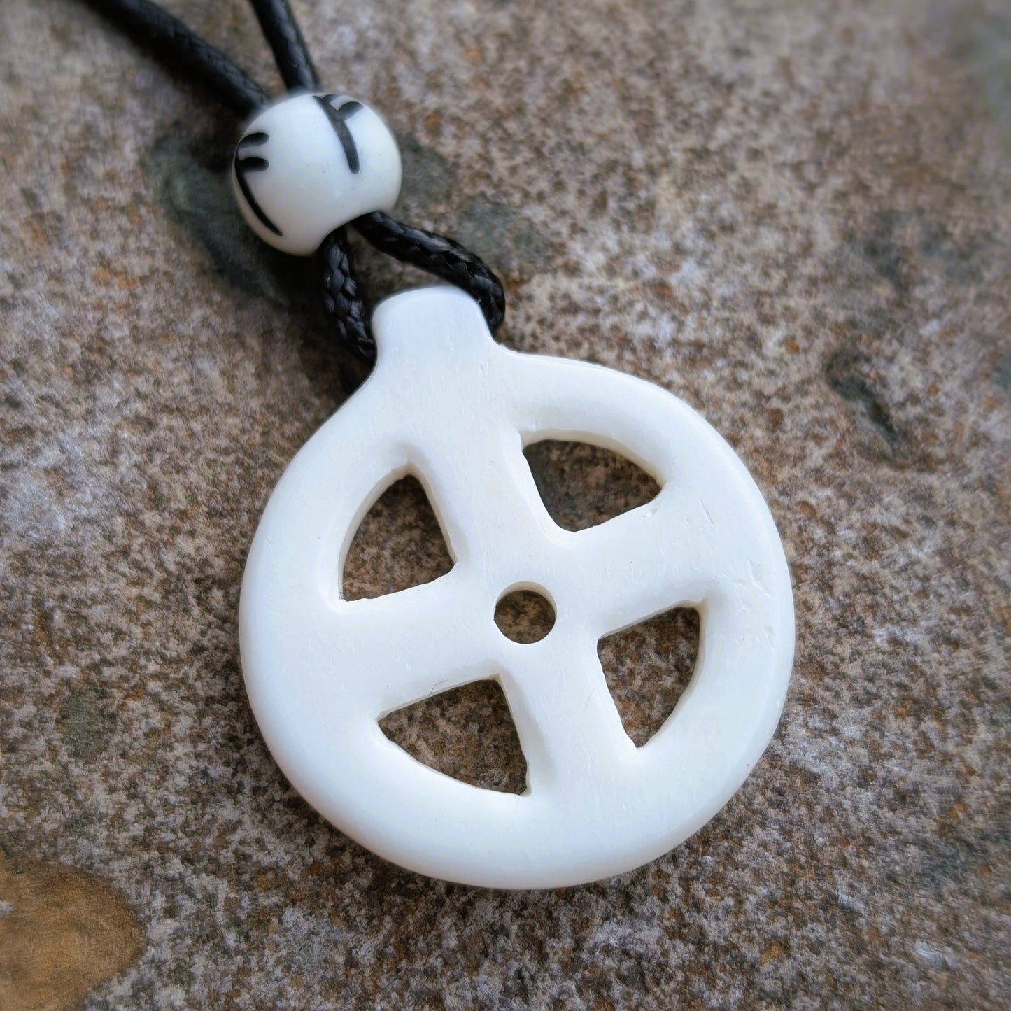 Hand-Carved Solar Amulet / Odin Cross with Runic bead – Natural Bone Pendant