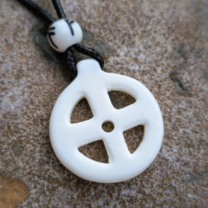 Hand-Carved Solar Amulet / Odin Cross with Runic bead – Natural Bone Pendant