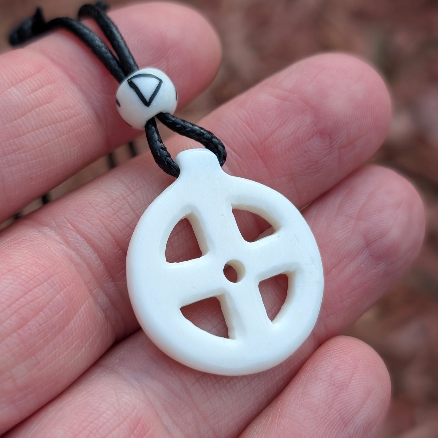 Hand-Carved Solar Amulet / Odin Cross with Runic bead – Natural Bone Pendant