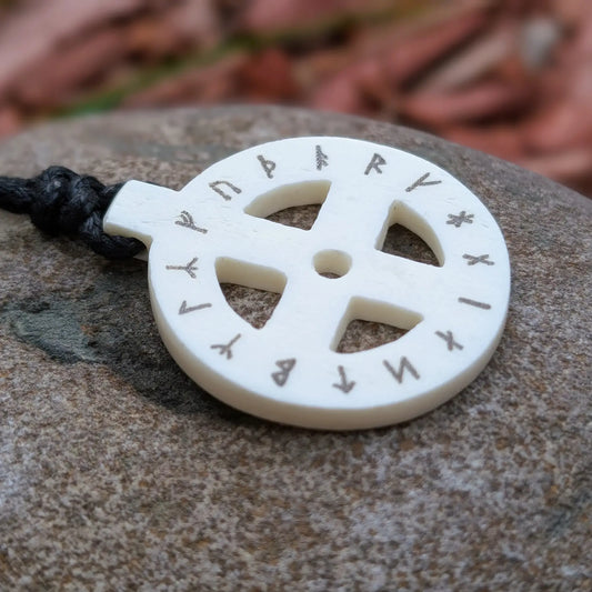 Norse Sun Cross Pendant with Runes – Hand-Carved Bone Odin Cross
