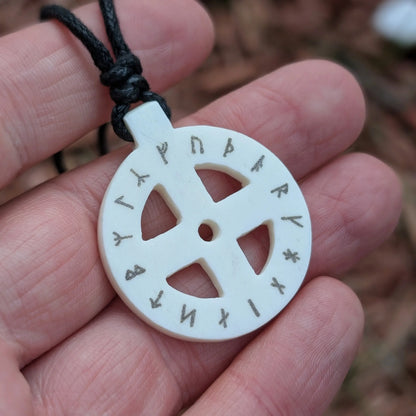 Norse Sun Cross Pendant with Runes – Hand-Carved Bone Odin Cross