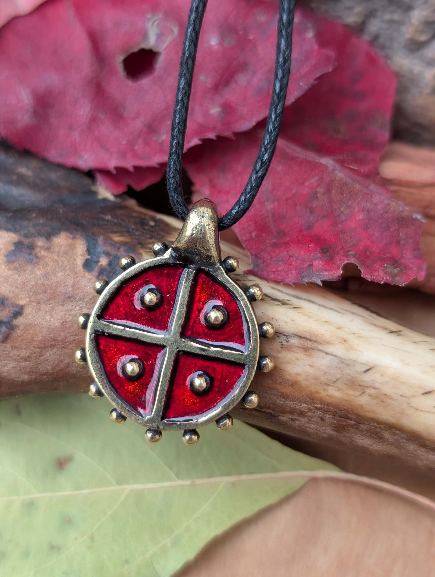Solar Amulet / Sun Cross Pendant with Red Enamel – Hand-Cast Brass | Algiz-Rune Art
