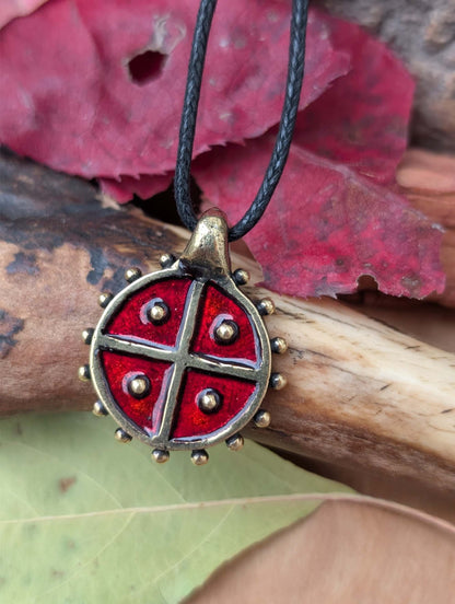 Solar Amulet / Sun Cross Pendant with Red Enamel – Hand-Cast Brass | Algiz-Rune Art