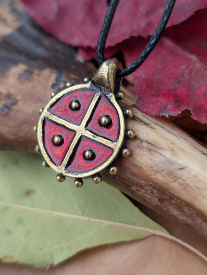 Solar Amulet / Sun Cross Pendant with Red Enamel – Hand-Cast Brass | Algiz-Rune Art