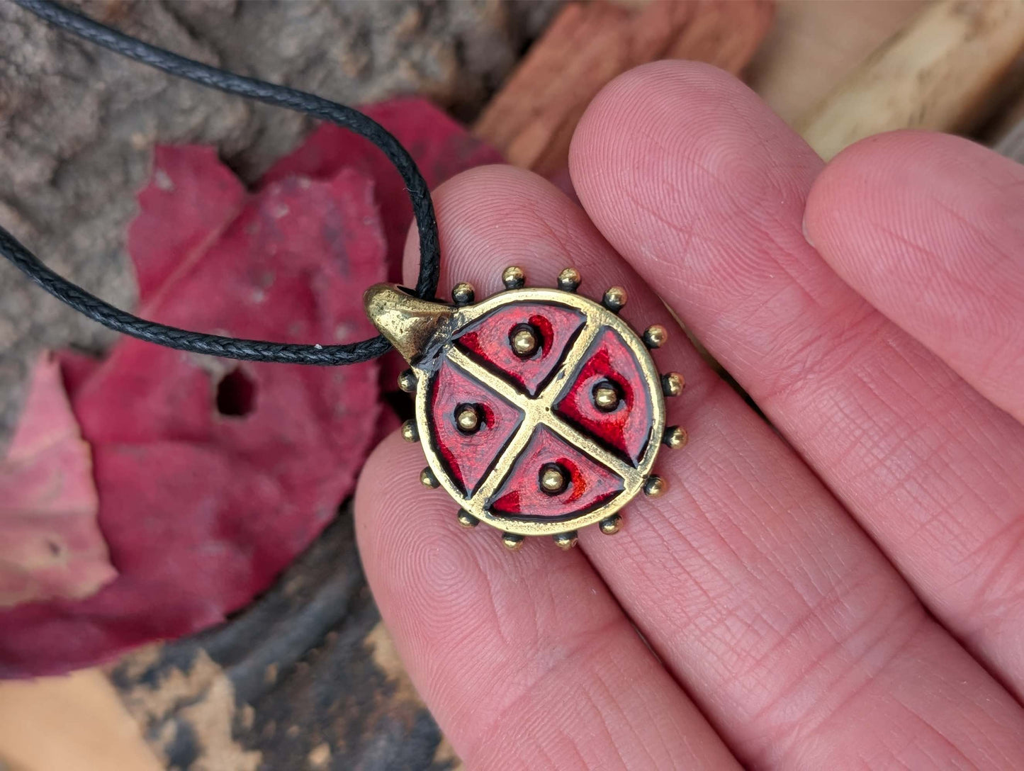 Solar Amulet / Sun Cross Pendant with Red Enamel – Hand-Cast Brass | Algiz-Rune Art
