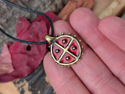 Solar Amulet / Sun Cross Pendant with Red Enamel – Hand-Cast Brass | Algiz-Rune Art