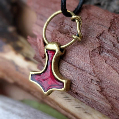 Mjolnir Pendant with Red Enamel and Ring Connector – Battlefield Brass